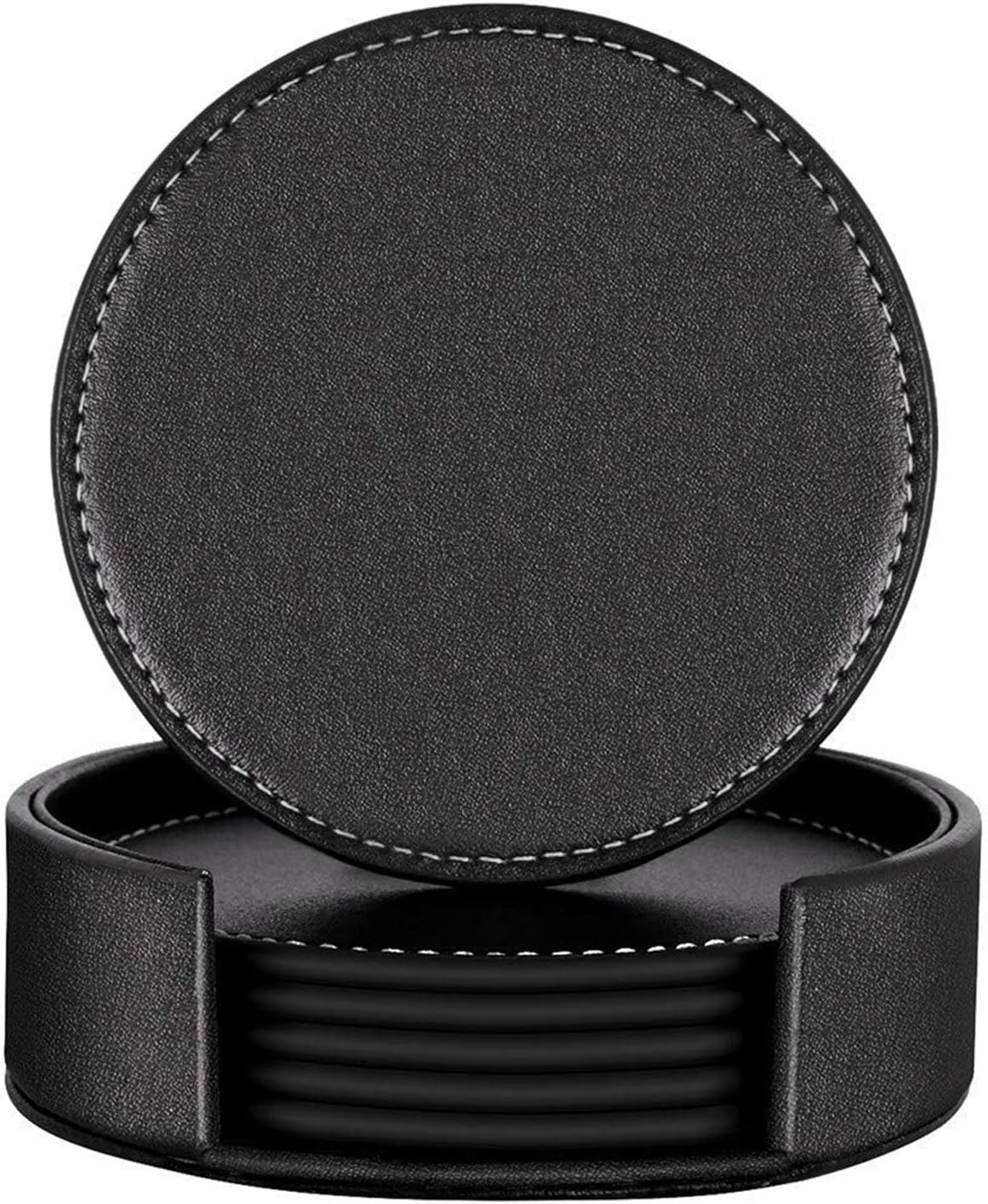 Getränkeuntersetzer – aus PU-Leder, 6er Set, 10cm, schwarz