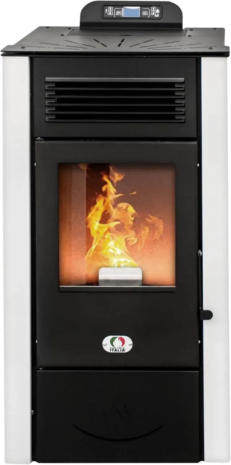 Pelletkamin San Diego 12 kW mit WLAN, 91% Effizienz, 120m² Heizfläche, 15 Stunden Autonomie, 5 Stufen, Programmierbar, 24 Monate Garantie, Weiß