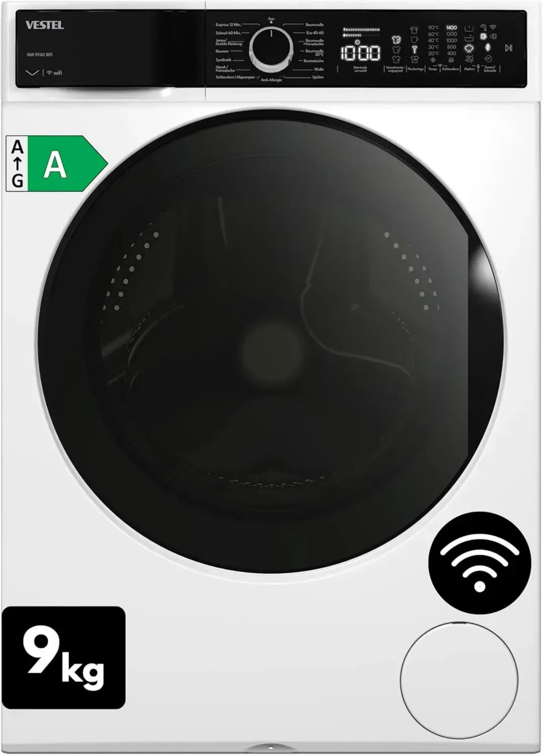 VESTEL WMI 99342 WLAN Waschmaschine 9 kg Frontlader – Inverter-Motor, Energie-Effizienzklasse A, 1400 U/min, Schnellwaschgang, leise, App-Steuerung, unterbaufähig, weiß