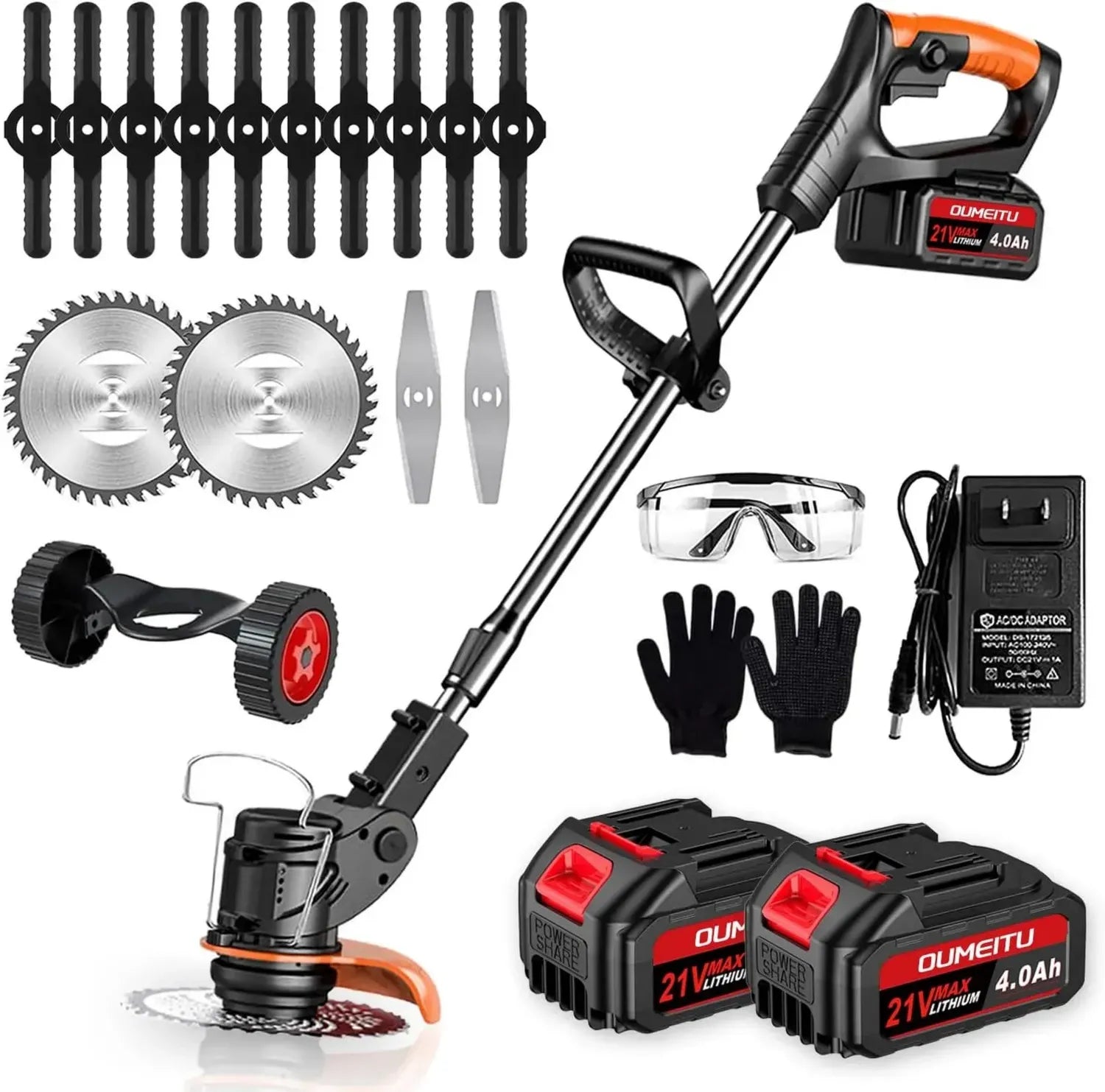 3-in-1 Akku-Rasentrimmer Set mit 2x 4.0Ah Akkus, Teleskopstange & Metallklingen