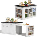 Vielseitige Kücheninsel mit ausziehbarem Tisch und Stauraum, 150cm+96cm, marmorierte Holzplatte, perfekt für Familienküchen