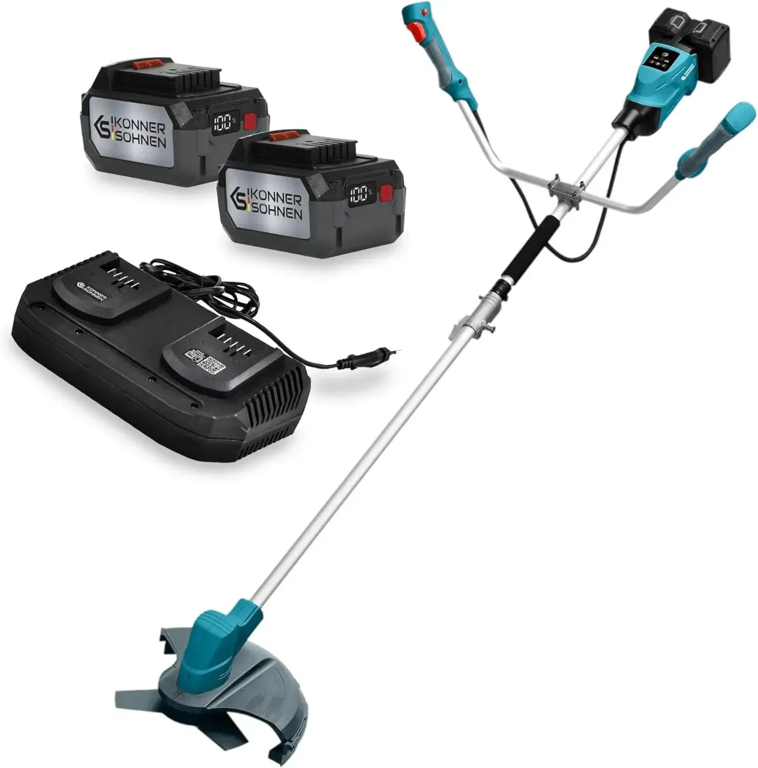 K&S Akku-Rasentrimmer Set 40V, 3-Zahn Messer, inkl. Dual-Ladegerät und 2x 20V Li-Ion Akkus