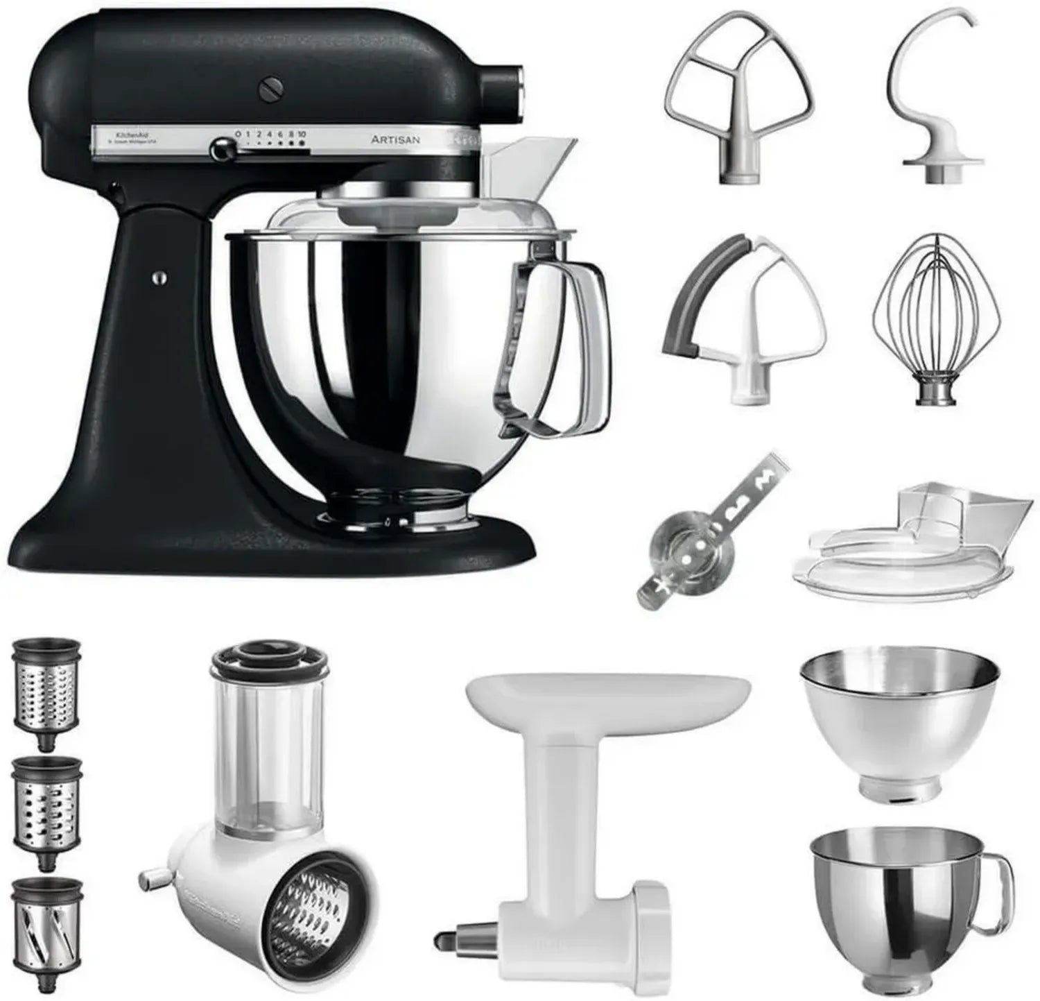 KitchenAid Artisan Küchenmaschine Set mit Gemüseschneider und Fleischwolf, Gusseisen Schwarz